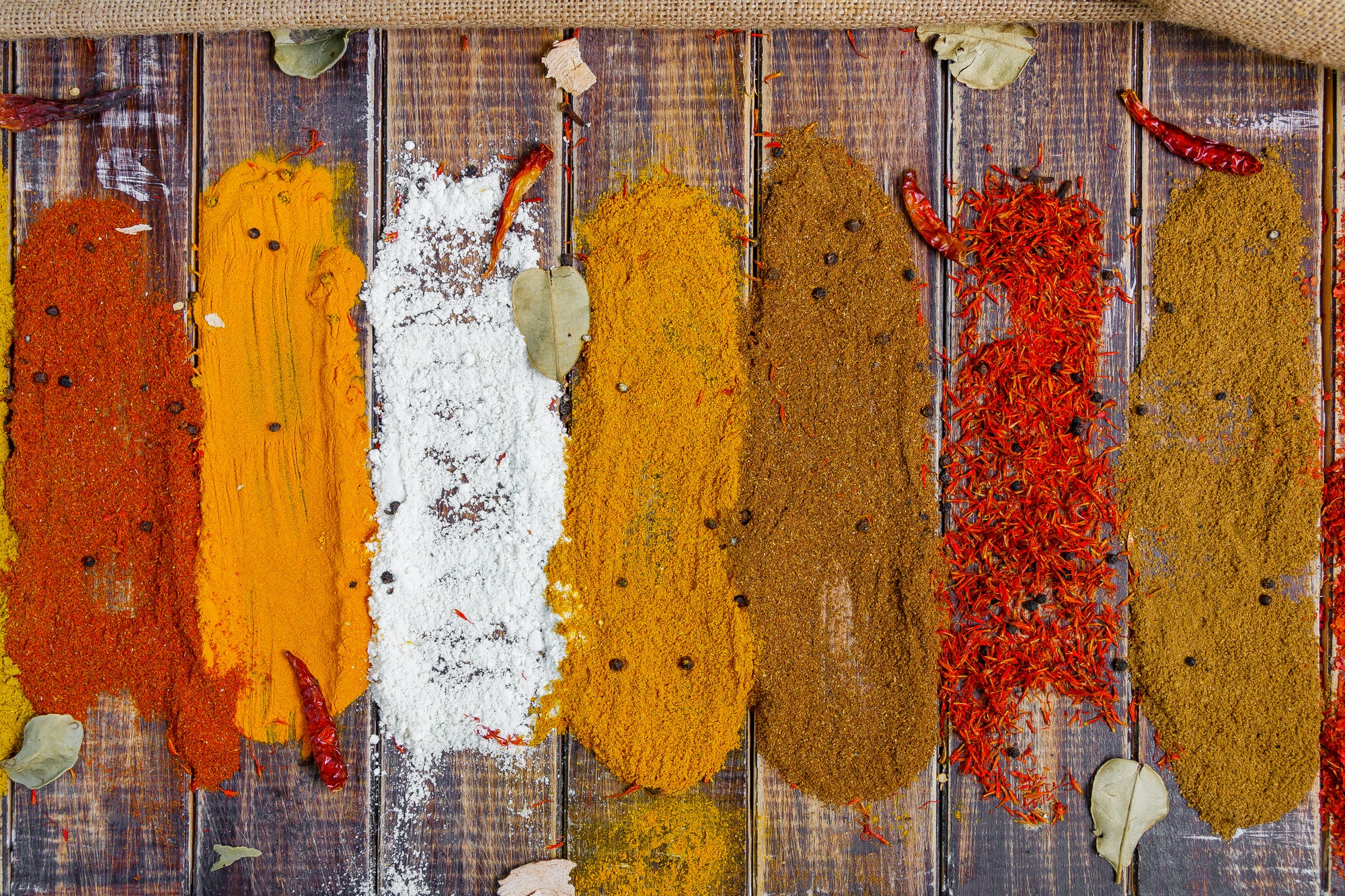 Colourful spices on the table. Various Spices in on wooden background, top view. Spices background